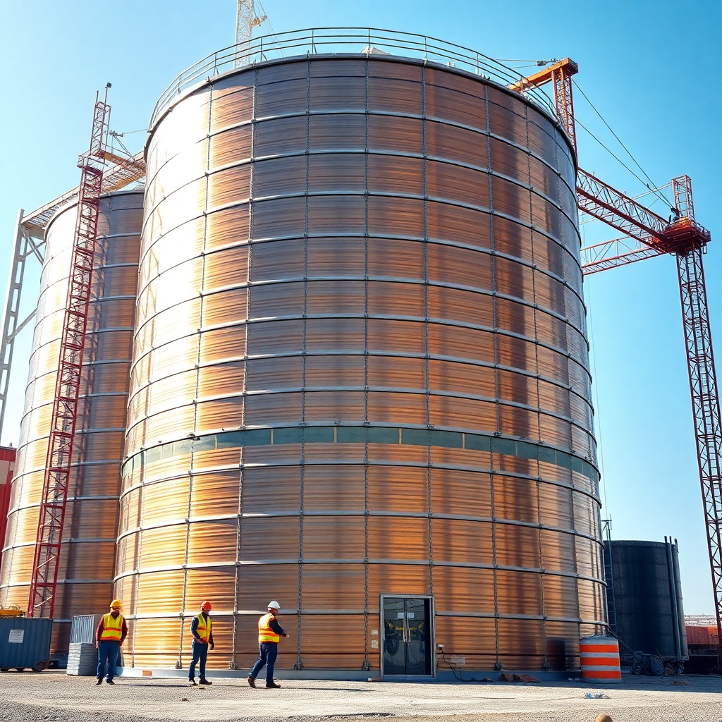 modern brand new steel silo construction with gleaming steel panels being assembled by workers, pristine industrial construction site, professional photography with bright clean steel structures